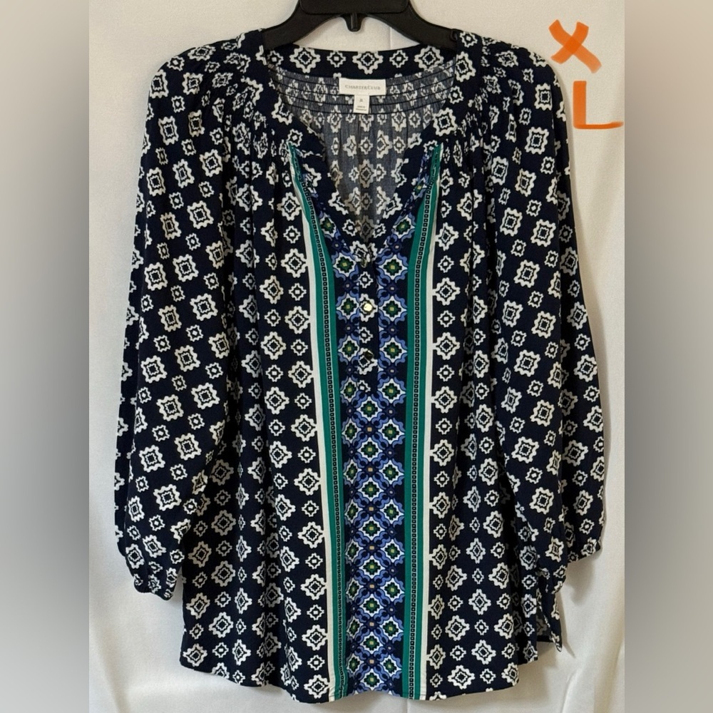 Charter Club Navy and White Patterned Blouse